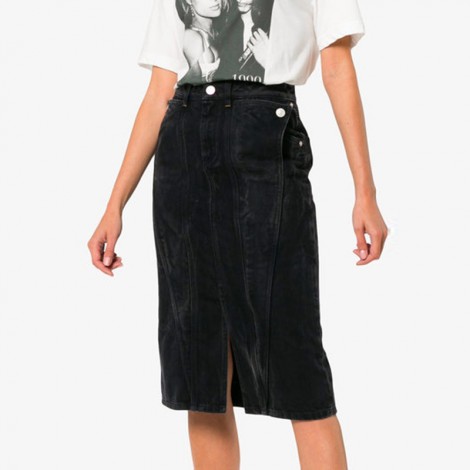 high waisted knee length denim skirt