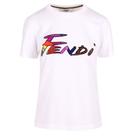 Fendi Logo Lettering Embroidered Cotton T-Shirt L