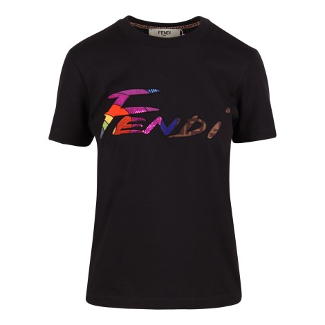 Fendi Logo Lettering Embroidered Cotton T-Shirt L