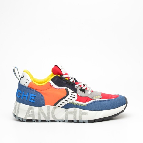 Sneakers in tessuto tecnico blu, rosso e arancione