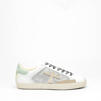 Sneakers in pelle e glitter bianco argento