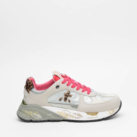 Sneakers in camoscio e tessuto grigio e fucsia