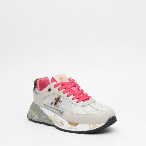 Sneakers in camoscio e tessuto grigio e fucsia