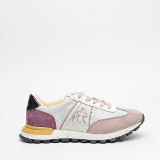 Sneakers in camoscio beige e viola