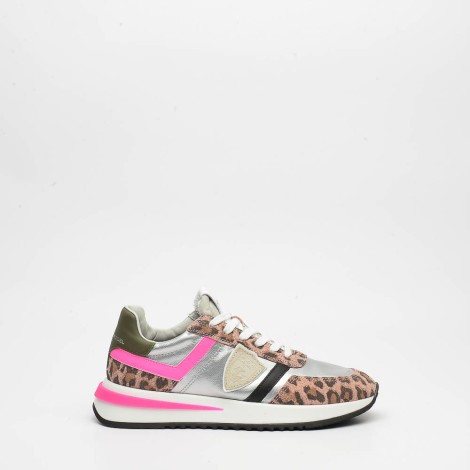 Sneakers in camoscio e tessuto rosa e argento