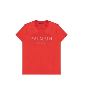 T-SHIRTenbsp;ROSSA IN COTONE CON LOGO BALMAIN PARIS IN BIANCO EFFETTO 3D