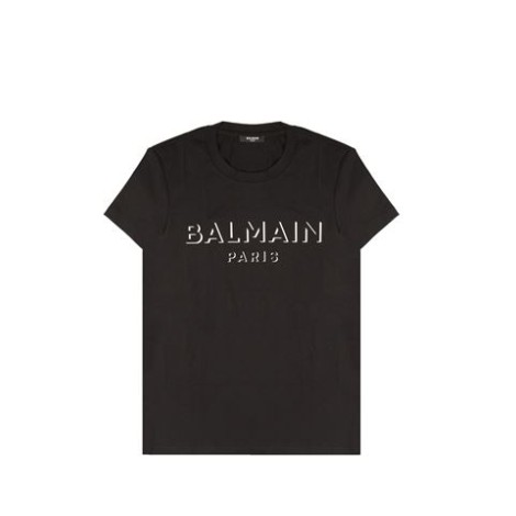 T-SHIRT NERA IN COTONE CON LOGO BALMAIN PARIS IN BIANCO EFFETTO 3Denbsp;