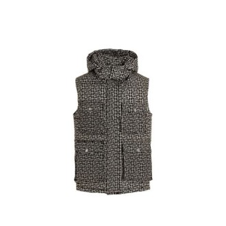 GILET TRAPUNTATO IN NYLON AVORIO E NERO CON MONOGRAMMA BALMAIN E CAPPUCCIO