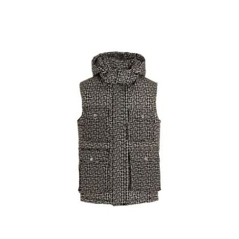 GILET TRAPUNTATO IN NYLON AVORIO E NERO CON MONOGRAMMA BALMAIN E CAPPUCCIO