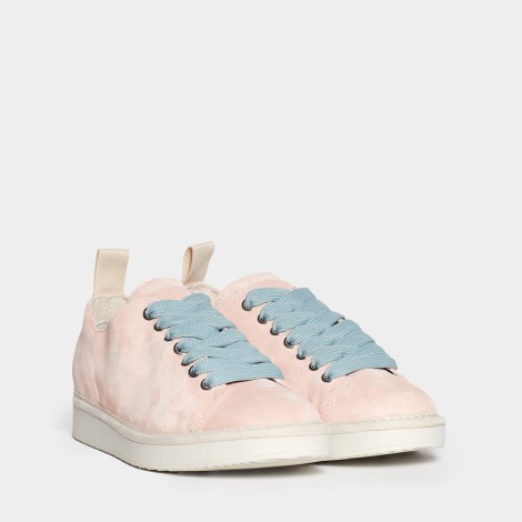 Sneakers in pelle scamosciata rosa laccio azzurro