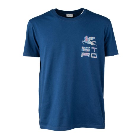 T-shirt blu con logo fantasia