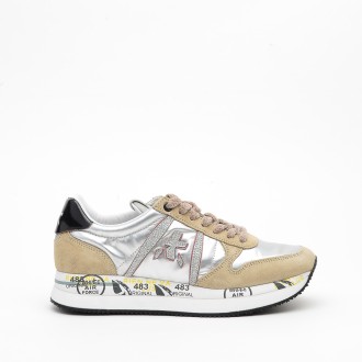 Sneakers in camoscio e tessuto beige e argento