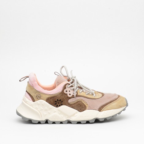 Sneakers in camoscio ed ecopelliccia beige e rosa