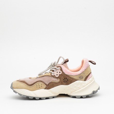 Sneakers in camoscio ed ecopelliccia beige e rosa