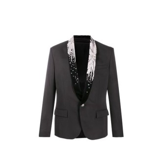 BLAZER NERO IN LANA CON COLLETTO RICAMATO