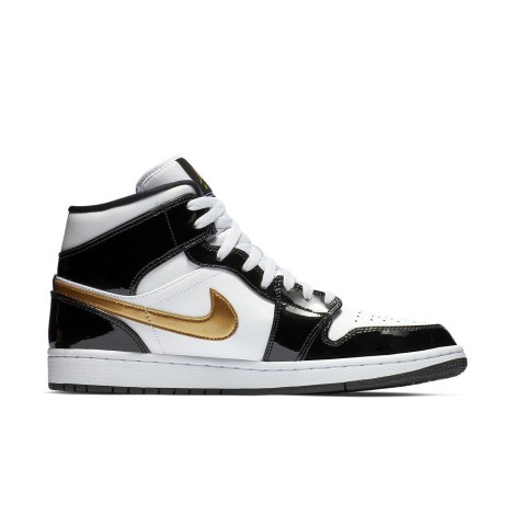 Jordan 1 Mid Patent Black White Gold