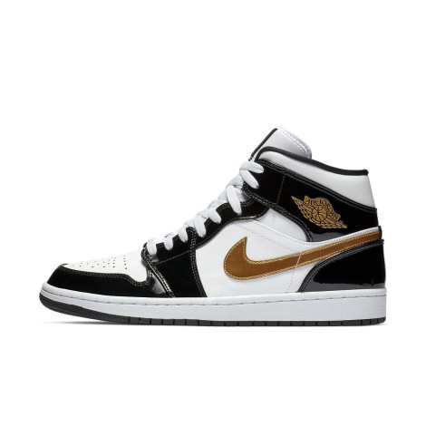 Jordan 1 Mid Patent Black White Gold