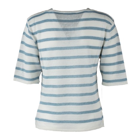 T-shirt in lino bianca a righe azzurre