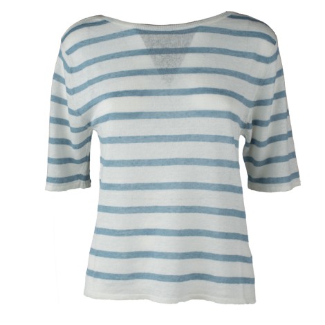 T-shirt in lino bianca a righe azzurre