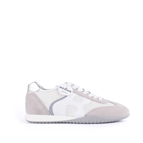 Sneakers Olympia in pelle grigia e tessuto lurex bianco