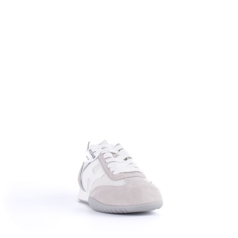 Sneakers Olympia in pelle grigia e tessuto lurex bianco