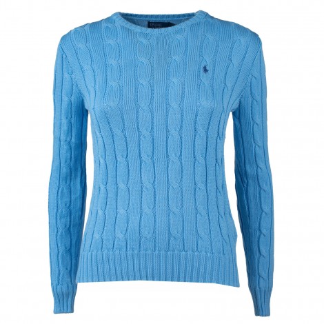 Pullover girocollo intrecciato in cotone azzurro