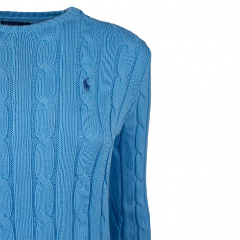 Pullover girocollo intrecciato in cotone azzurro