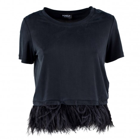 T-shirt in cupro nera con piume di struzzo