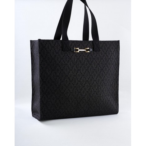 ELISABETTA FRANCHI Borsa shopper grande in rafia con tessuto jacquard Elisabetta Franchi