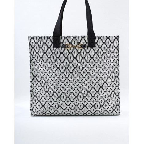 ELISABETTA FRANCHI Borsa shopper grande in rafia con tessuto jacquard Elisabetta Franchi