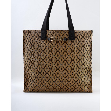 ELISABETTA FRANCHI Borsa shopper grande in rafia con tessuto jacquard Elisabetta Franchi