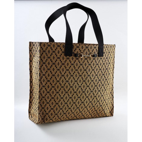 ELISABETTA FRANCHI Borsa shopper grande in rafia con tessuto jacquard Elisabetta Franchi