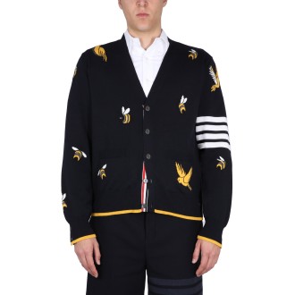 thom browne cardigan with birds and bees inlays