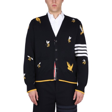 thom browne cardigan with birds and bees inlays