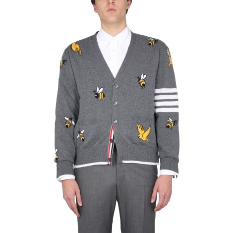 thom browne cardigan with birds and bees inlays