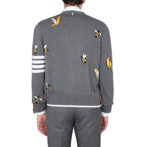 thom browne cardigan with birds and bees inlays