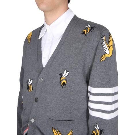 thom browne cardigan with birds and bees inlays