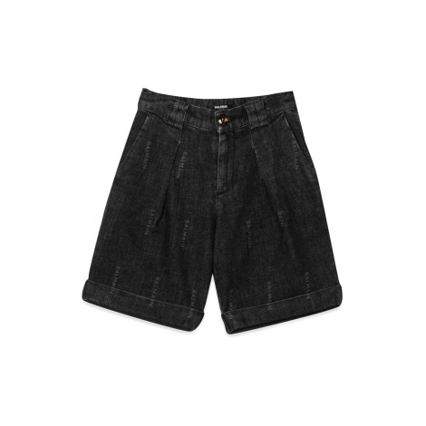 balmain allover logo denim bermuda shorts