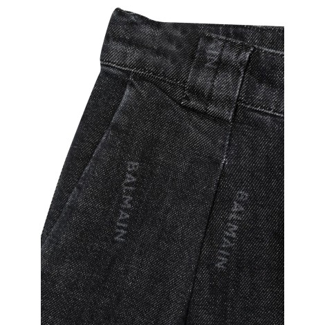 balmain allover logo denim bermuda shorts