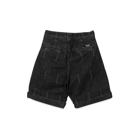 balmain allover logo denim bermuda shorts