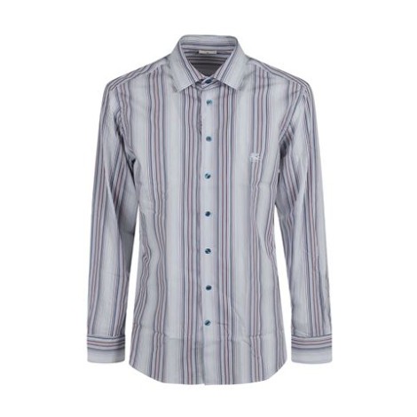 Camicia in cotone a righe verticali  blu con ricamo logo Etro ricamato sul petto ,caratteristico colletto alla francese con motivo Pegaso 