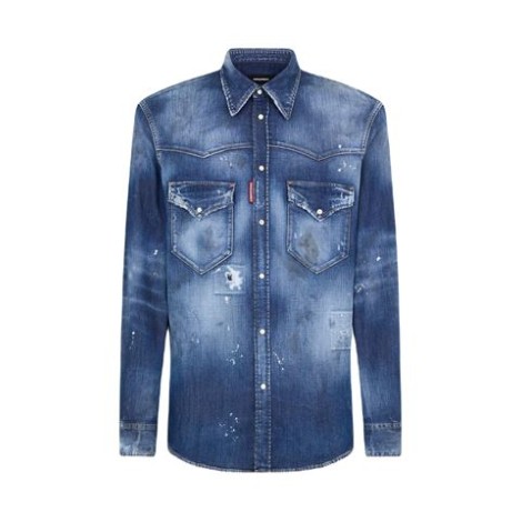 Camicia in denim stretch con due taschini a toppa con pattina , vestibilità slim, chiusure con bottoni a pressione , impunture a contrasto, lavaggio used con usure ed effetto macchiato.   