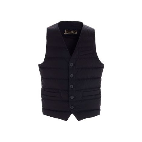 Gilet da uomo di Herno Legend, colore blu. Realizzato nel tessuto iconico Herno: materiale in nylon 20 denari a prova di piuma. Questo materiale ha un trattamento resistente alla pioggia (WR). Modello opaco, imbottito, con taschino filetto al petto e