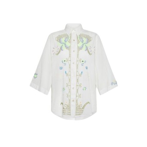 Camicia di Forte_Forte, da donna, colore bianco. Modello con ricami di fiori, linee maschili, manica 3/4, chiusura con bottoni e colletto classico. 