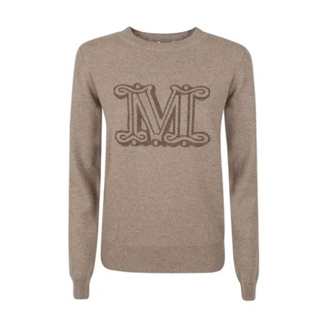 Maglia PAMIR di Max Mara, da donna colore cachà. Modello girocollo, realizzato interamente in lussuoso cashmere nero e presenta il motivo “M” del brand sul davanti. 