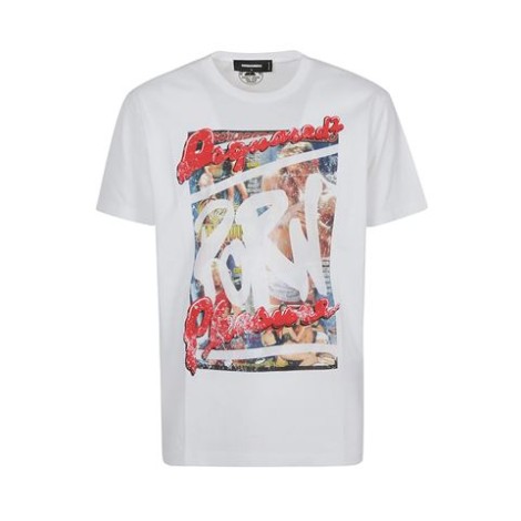 T-shirt di Dsquared2, da uomo, colore bianco. Modello giorcollo e maniche corte con stampa frontale multicolore. 