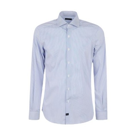 Camicia di Fay, da uomo, colore blu. Modello con collo alla francese in tessuto stretch, con motivo millerighe e pinces posteriori. Caratterizzata da un'abbottonatura senza cannoncino, è arricchita dall'etichetta con logo Fay applicata sul fondo. 