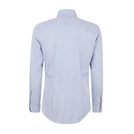 Camicia di Fay, da uomo, colore blu. Modello con collo alla francese in tessuto stretch, con motivo millerighe e pinces posteriori. Caratterizzata da un'abbottonatura senza cannoncino, è arricchita dall'etichetta con logo Fay applicata sul fondo. 