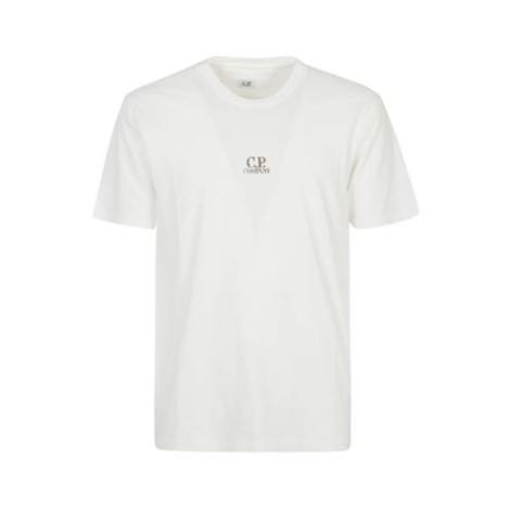 T-shirt di C.P. Company, da uomo, colore bianco. Realizzzata in cotone bianco con jersey leggero, stampa logo sul davanti, stampa logo sul retro, girocollo, maniche corte, orlo diritto. 