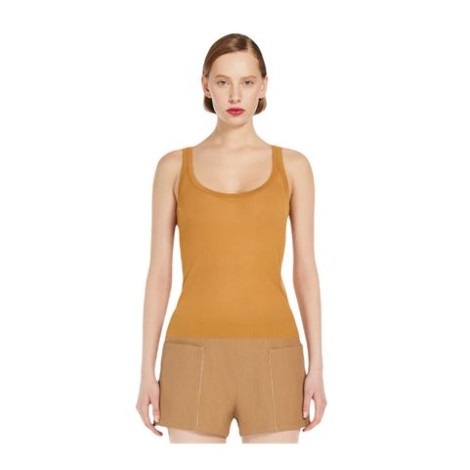 Top di Max Mara da donna, color cuoio. Modello smanicato in pregiato filato di pura seta, caratterizzato da una lavorazione a costine piatte. Spalline sottili e ampio scollo a giro davanti e sul retro. 